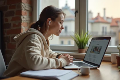 Étudiante internationale suivant ses cours en ligne sur le campus numérique ESME depuis son appartement à l'étranger