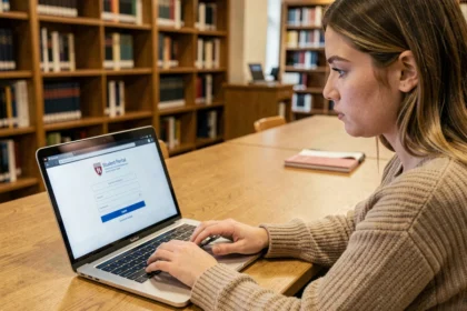 Étudiante connectée à un portail ENT universitaire sur son ordinateur portable dans une bibliothèque