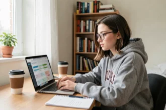 Étudiante consultant son emploi du temps en ligne sur un ordinateur portable dans sa chambre universitaire