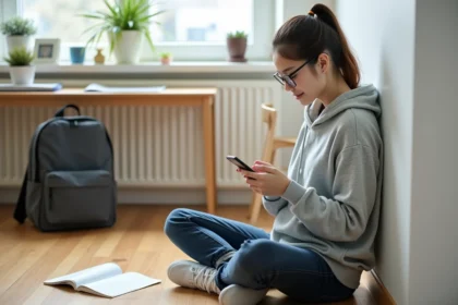 Étudiante accédant à l'ENT eschool sur son smartphone dans une chambre universitaire
