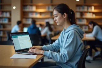 Étudiante utilisant le portail numérique ENT de l'Université Côte d'Azur sur son ordinateur portable en bibliothèque universitaire