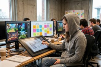 Étudiante en école de game design travaillant sur un concept de personnage de jeu vidéo avec une tablette graphique