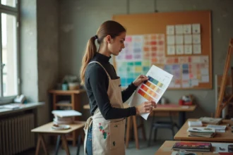 Étudiante des Gobelins analysant une charte de couleurs dans un studio de l'école en 2026