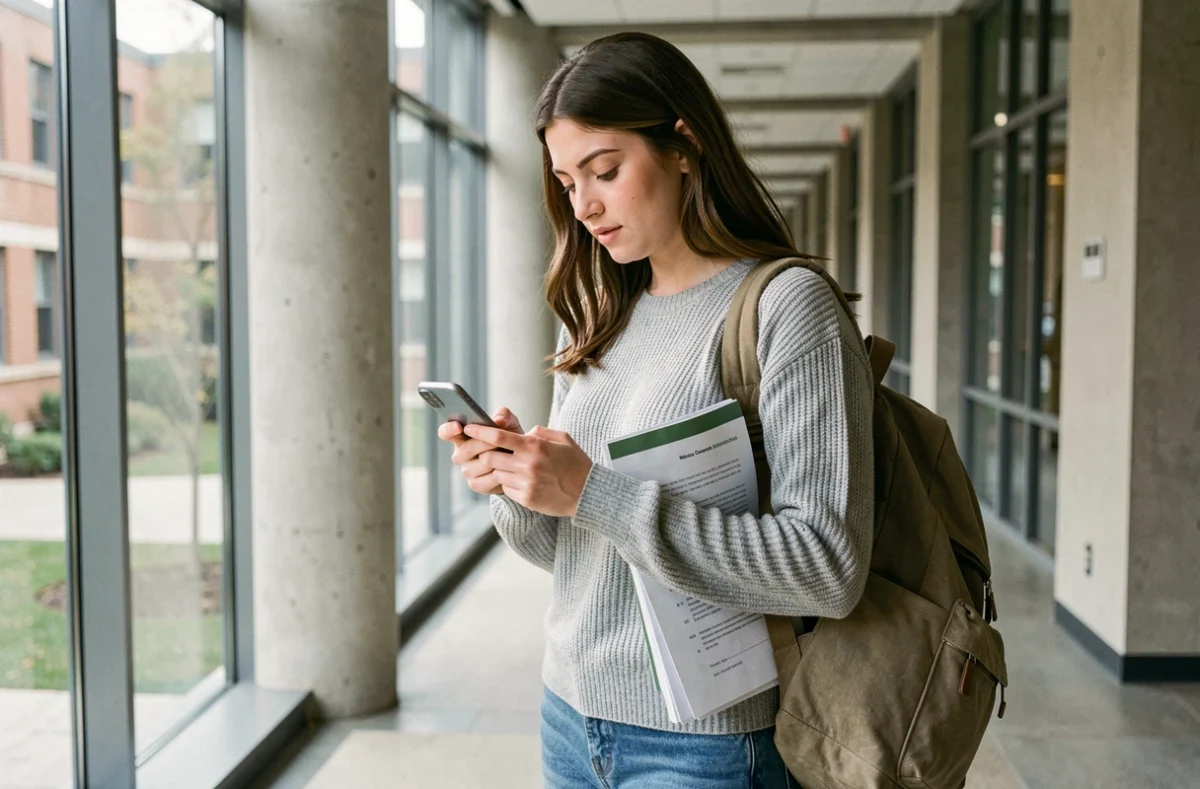 Étudiante consultant ses supports de cours sur smartphone dans le couloir d'un IUT en France