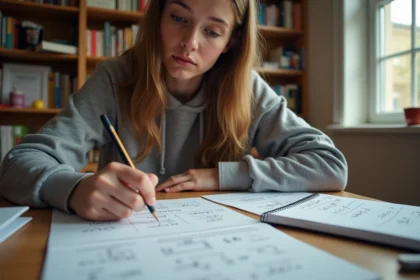 Étudiante révisant une fiche de trigonométrie avec les formules cos cos sin sin à son bureau