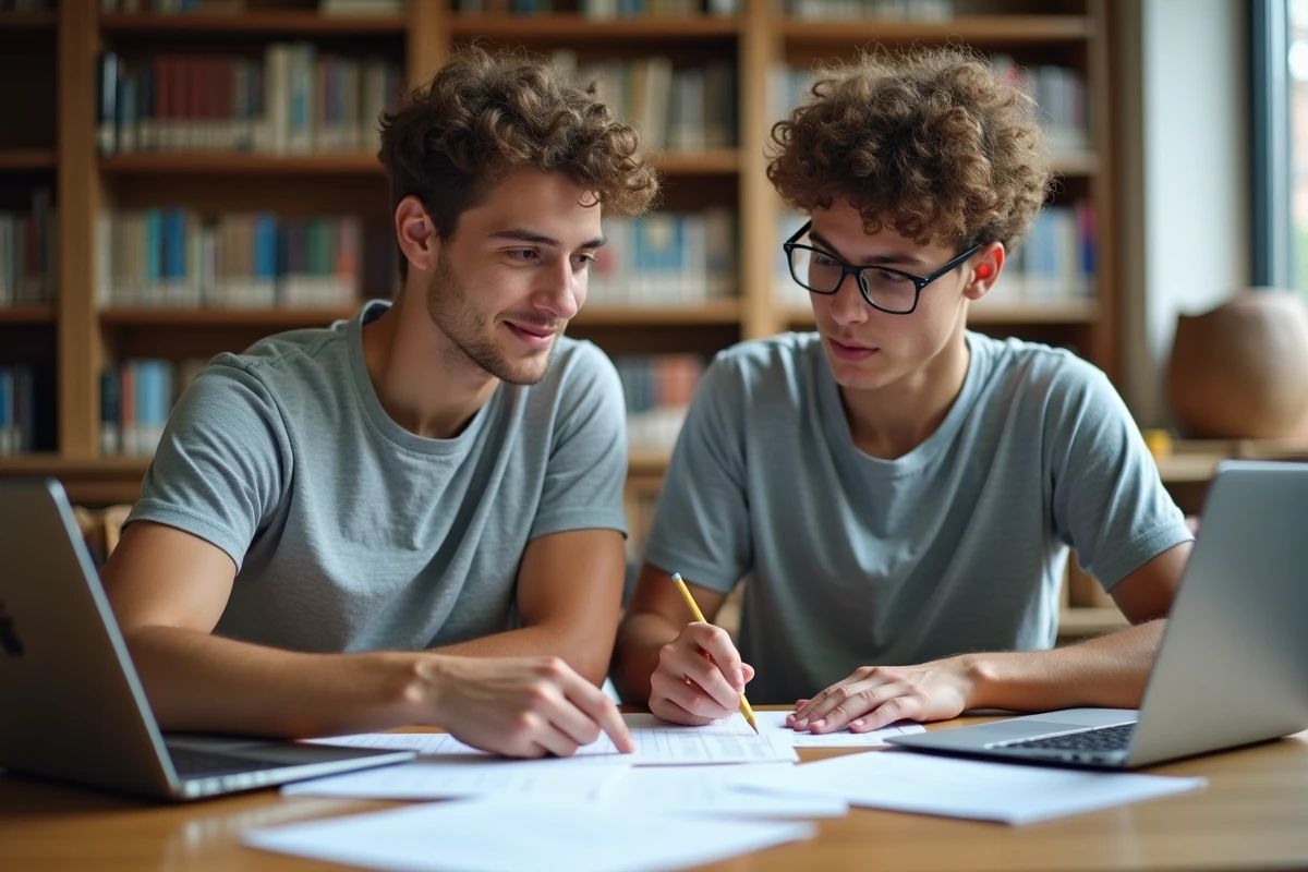 Deux lycéens travaillant ensemble sur des sujets de baccalauréat dans une bibliothèque scolaire