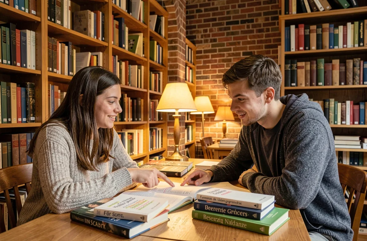 Deux étudiants universitaires étudiant ensemble les règles du passé simple en bibliothèque