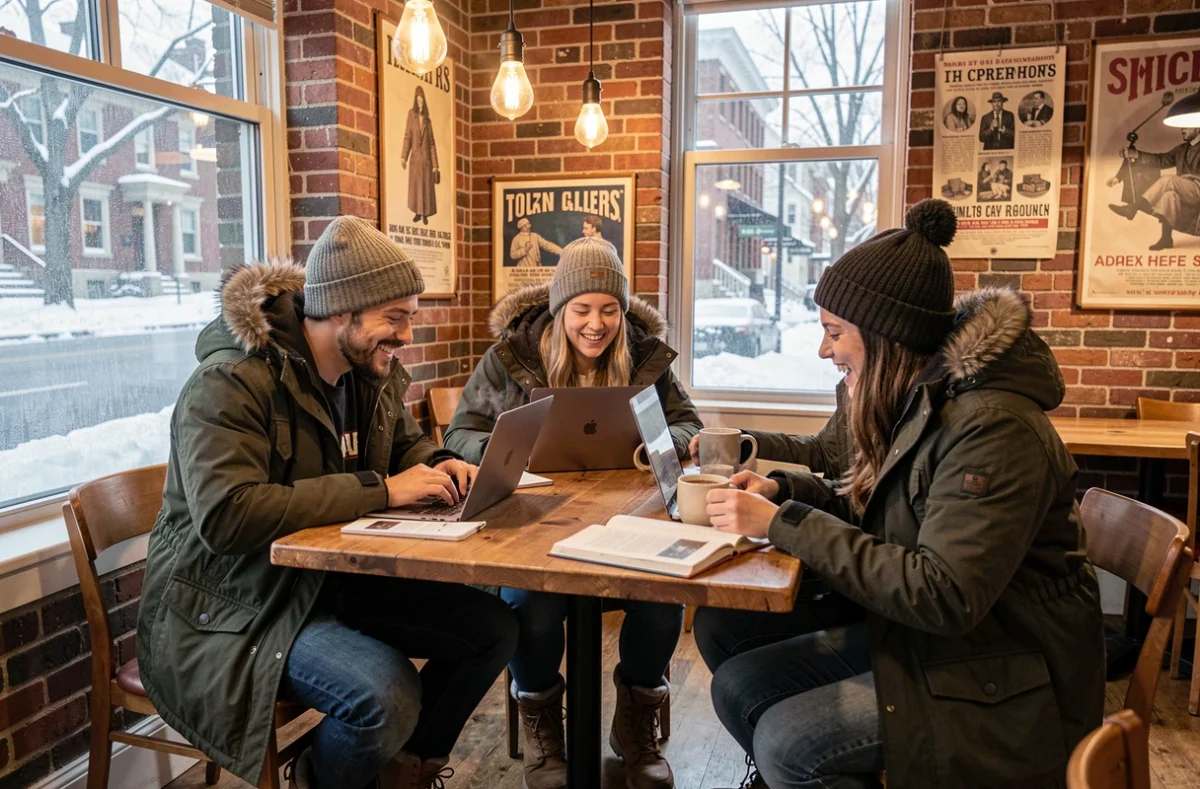Groupe d'étudiants du MIT au chaud dans un café de Cambridge pendant l'hiver rigoureux de 2026