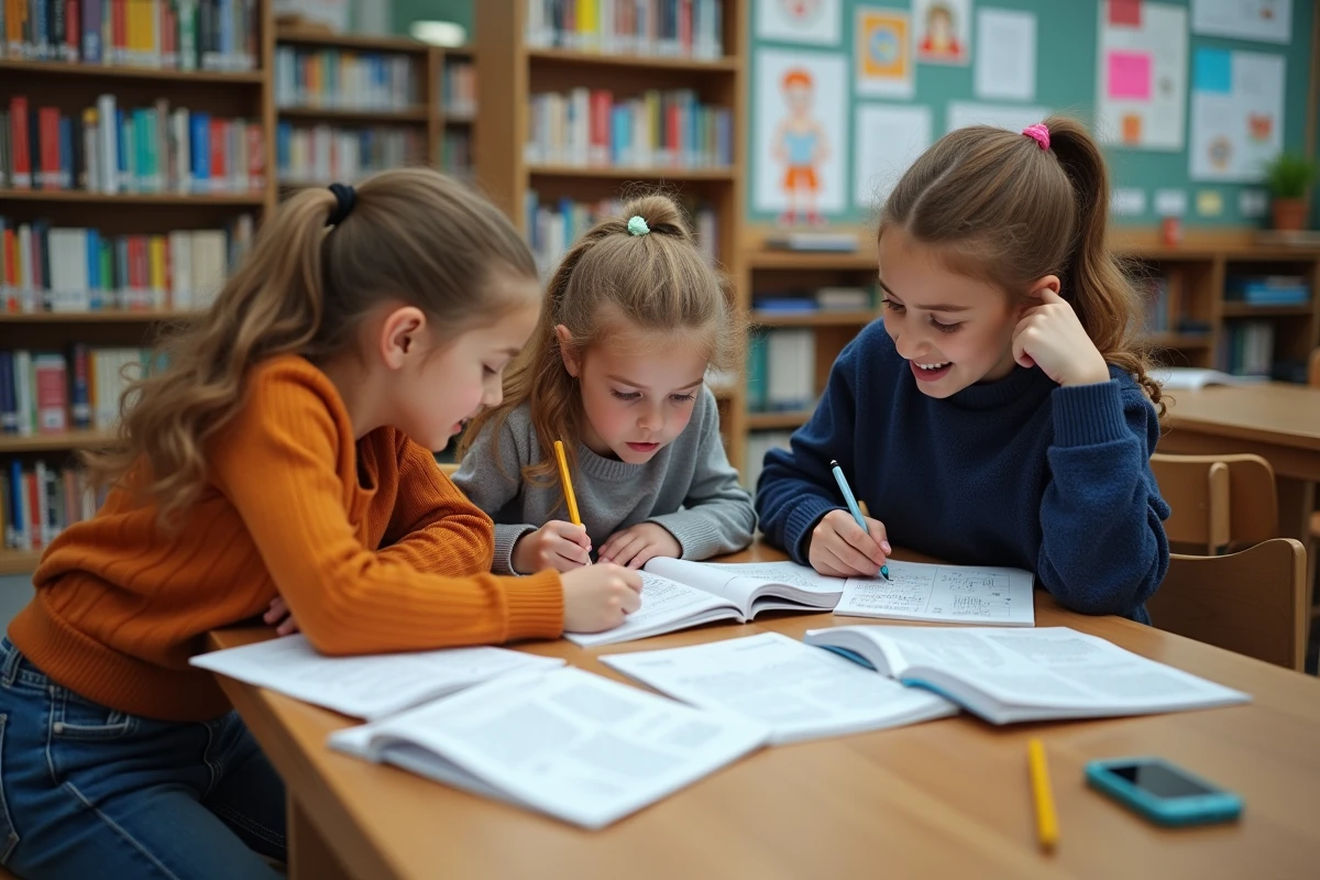 Trois élèves français collaborent sur des exercices de grammaire