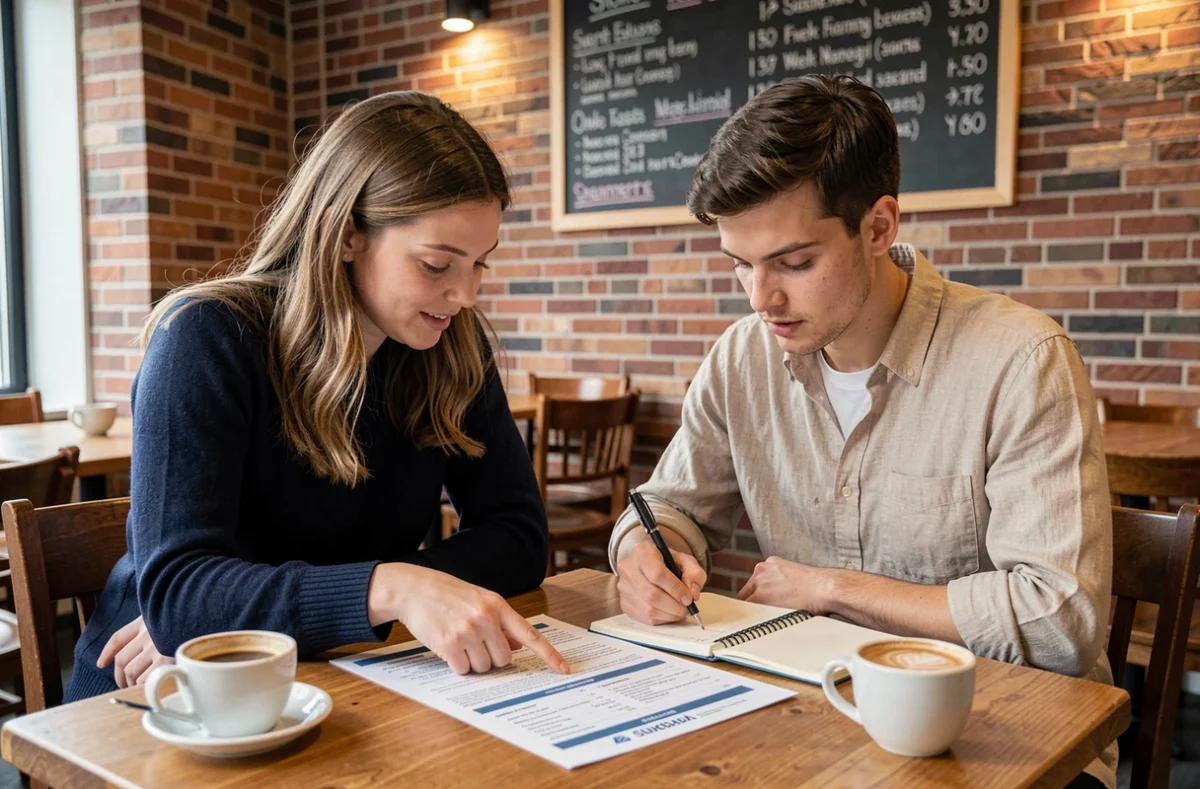 Deux étudiants collaborant sur un CV format suisse pour un stage dans un café urbain
