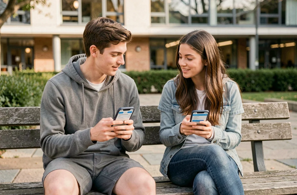 Deux étudiants consultant leur emploi du temps sur smartphone via le portail MyCampus Eduservices dans une cour d'université