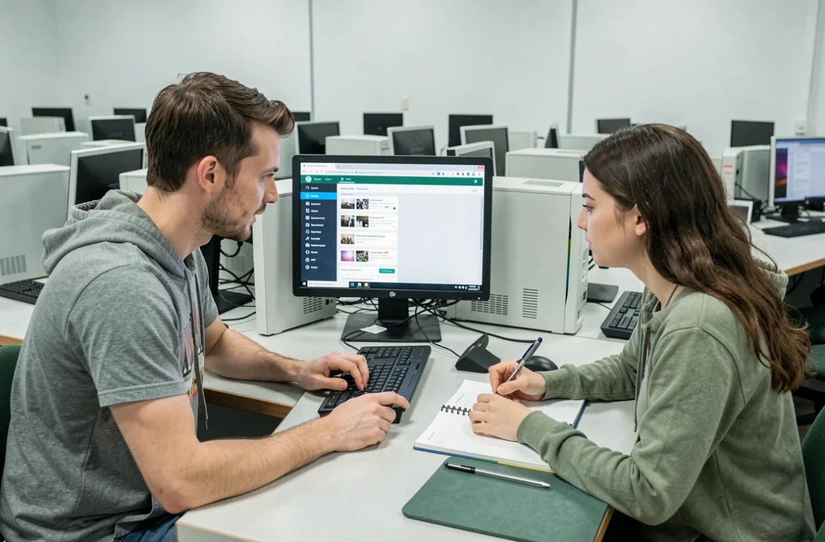 Deux étudiants consultant ensemble un espace numérique de travail ENT dans une salle informatique universitaire