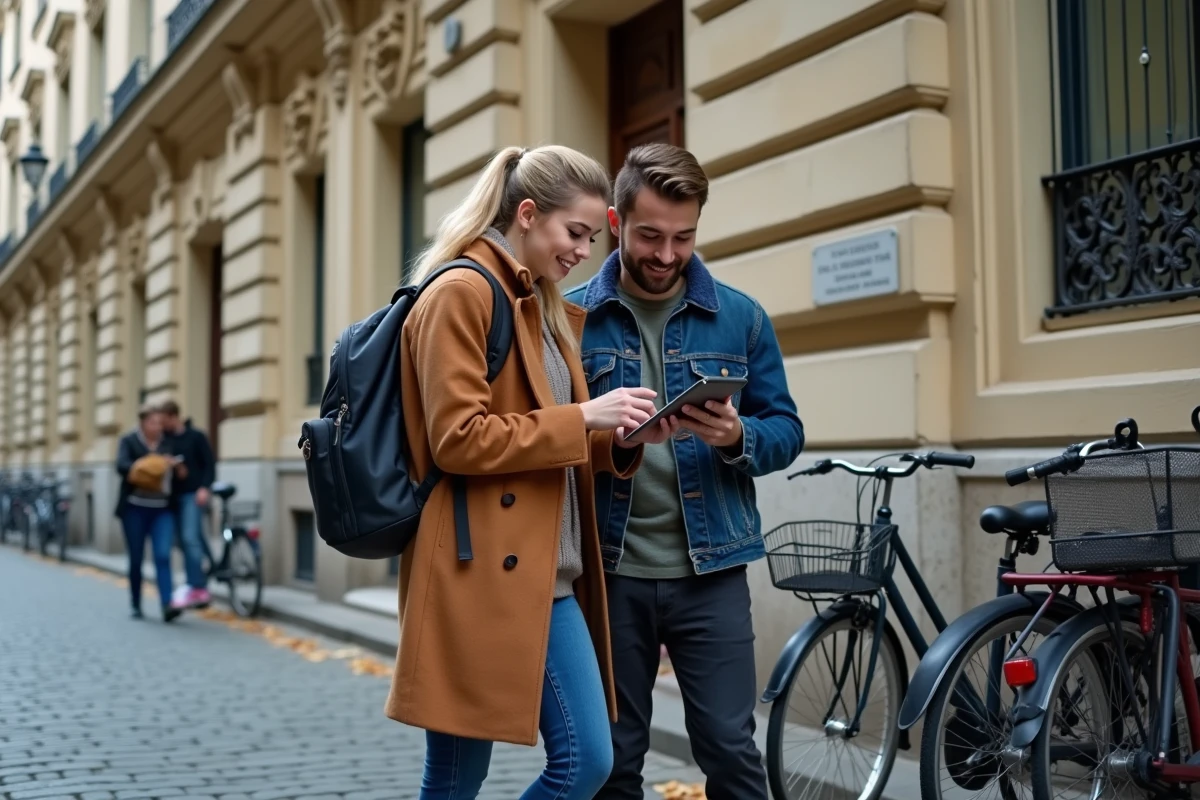 Deux étudiants des Gobelins devant la façade de l'école à Paris consultant leurs notes sur tablette