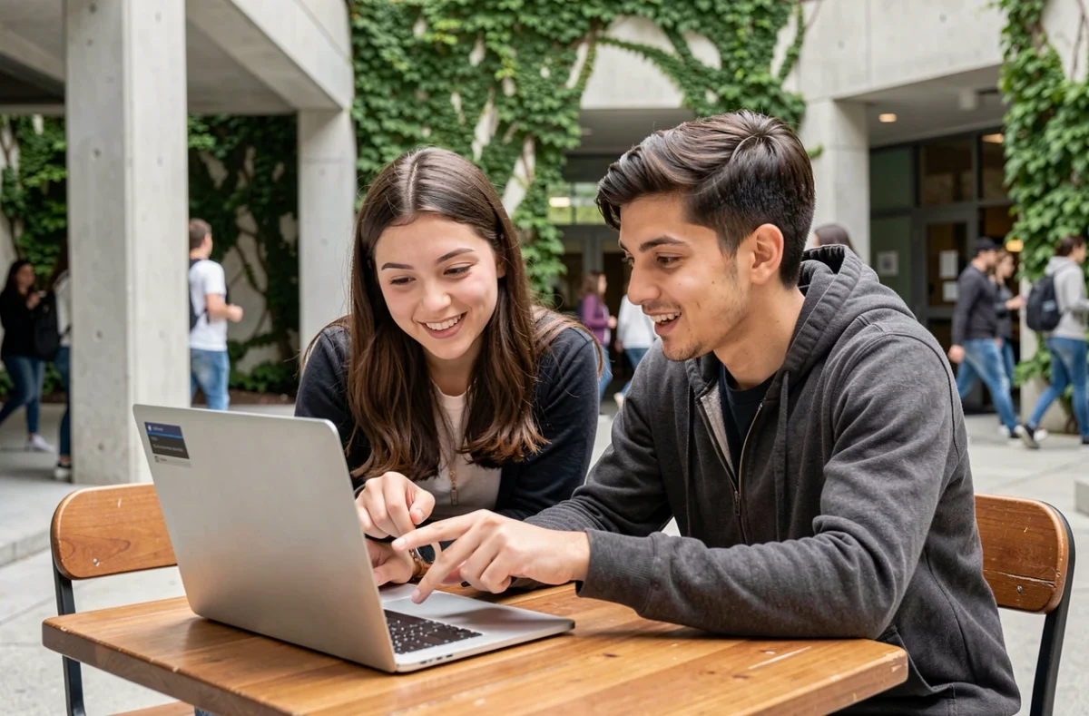 Deux étudiants collaborant sur un TD en ligne via un ordinateur portable en terrasse sur un campus universitaire