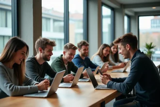 Groupe d'étudiants universitaires souriants dans un lounge moderne