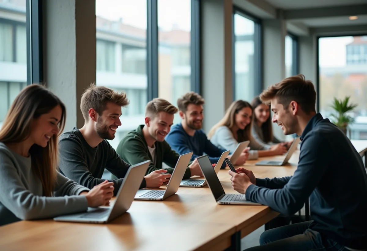 Groupe d'étudiants universitaires souriants dans un lounge moderne