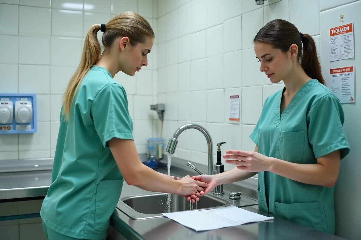 Aide-soignante réalisant un geste technique sous supervision lors d'une évaluation de compétences en milieu hospitalier
