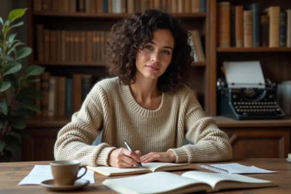 Femme écrivaine prenant des notes dans un carnet ouvert sur un bureau en bois entouré de livres et de feuilles manuscrites