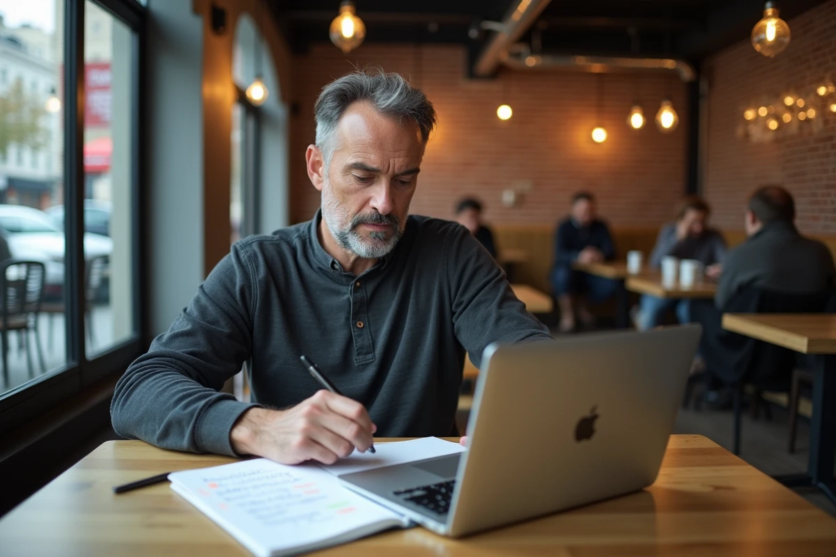 Homme écrivain dans un café urbain travaillant sur ses exercices d'écriture avec un carnet et un ordinateur portable