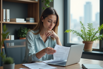 Femme d'affaires réfléchissant à ses documents dans un bureau moderne