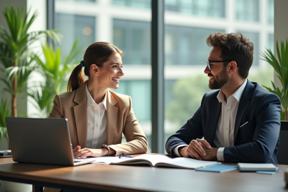 Femme d'affaires confiante discute de carrière avec son manager
