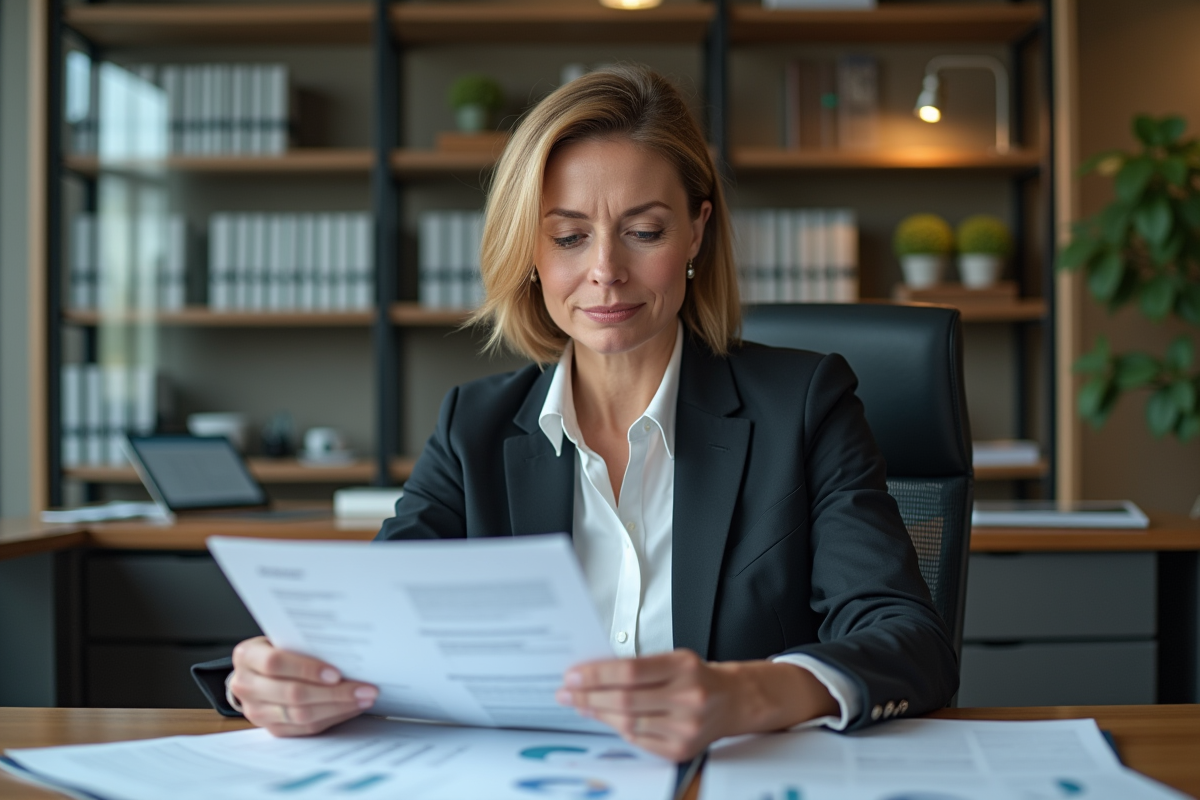 Femme d'affaires en revue de rapports financiers