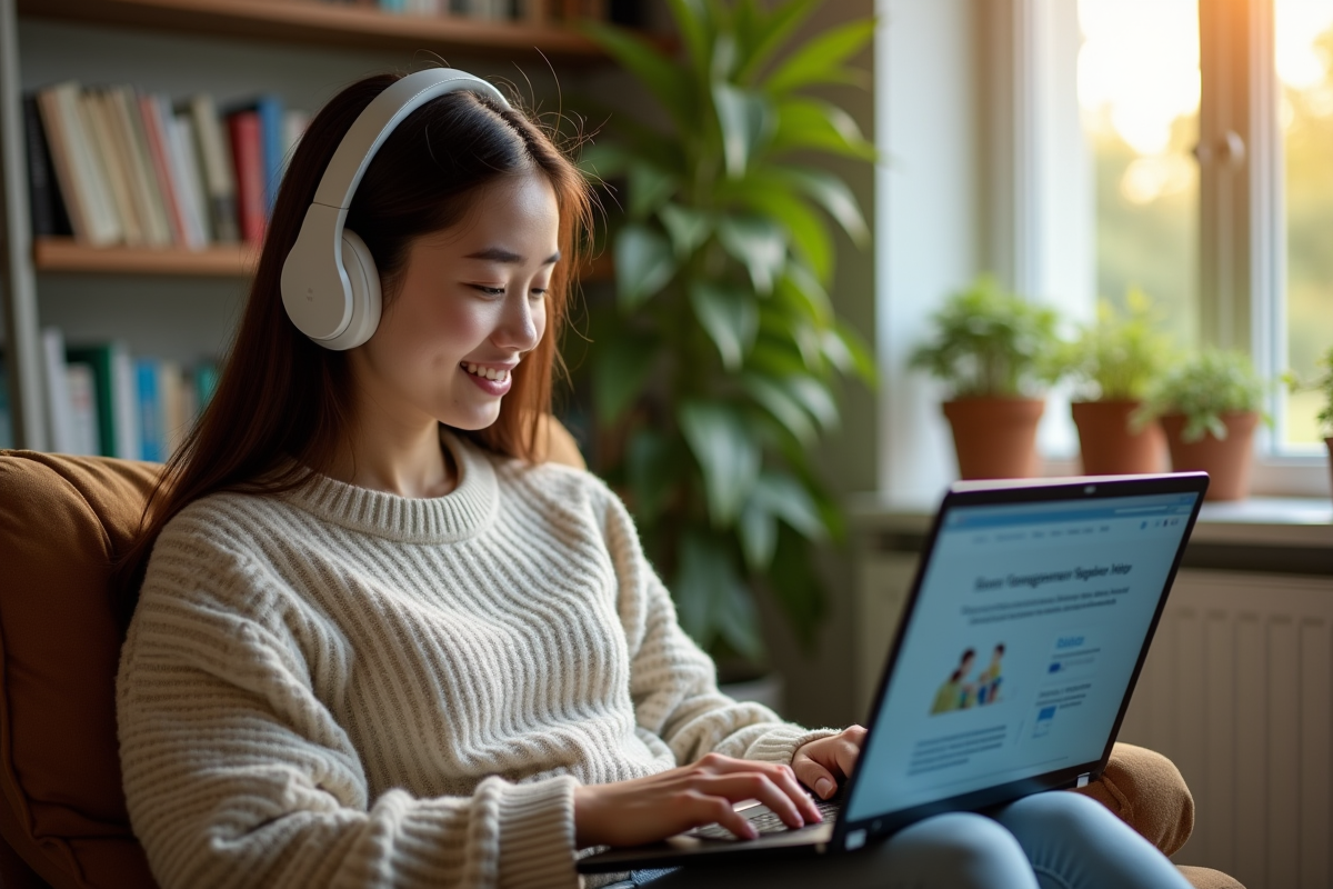 Jeune femme en formation en ligne à la maison avec ordinateur
