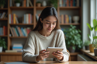 Jeune femme concentrée utilisant une tablette pour apprendre une langue