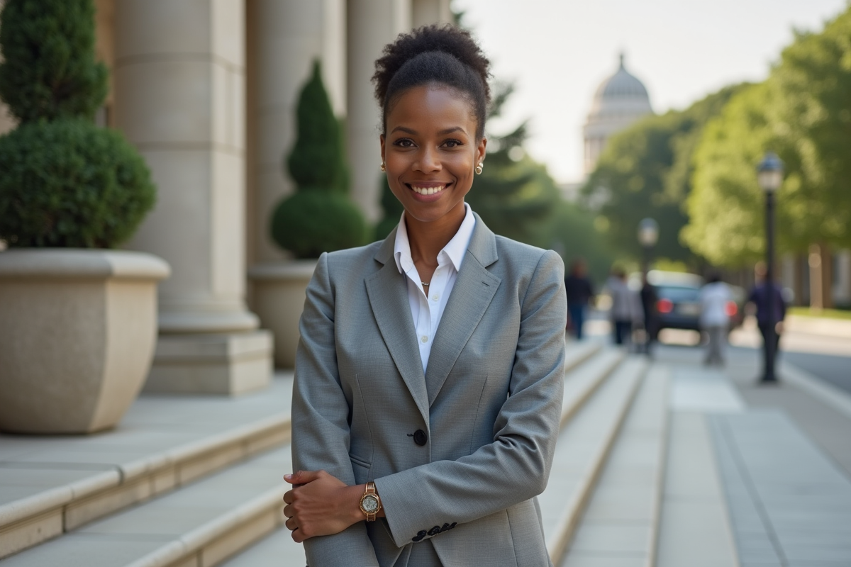 Femme assistante officier devant bâtiment gouvernemental