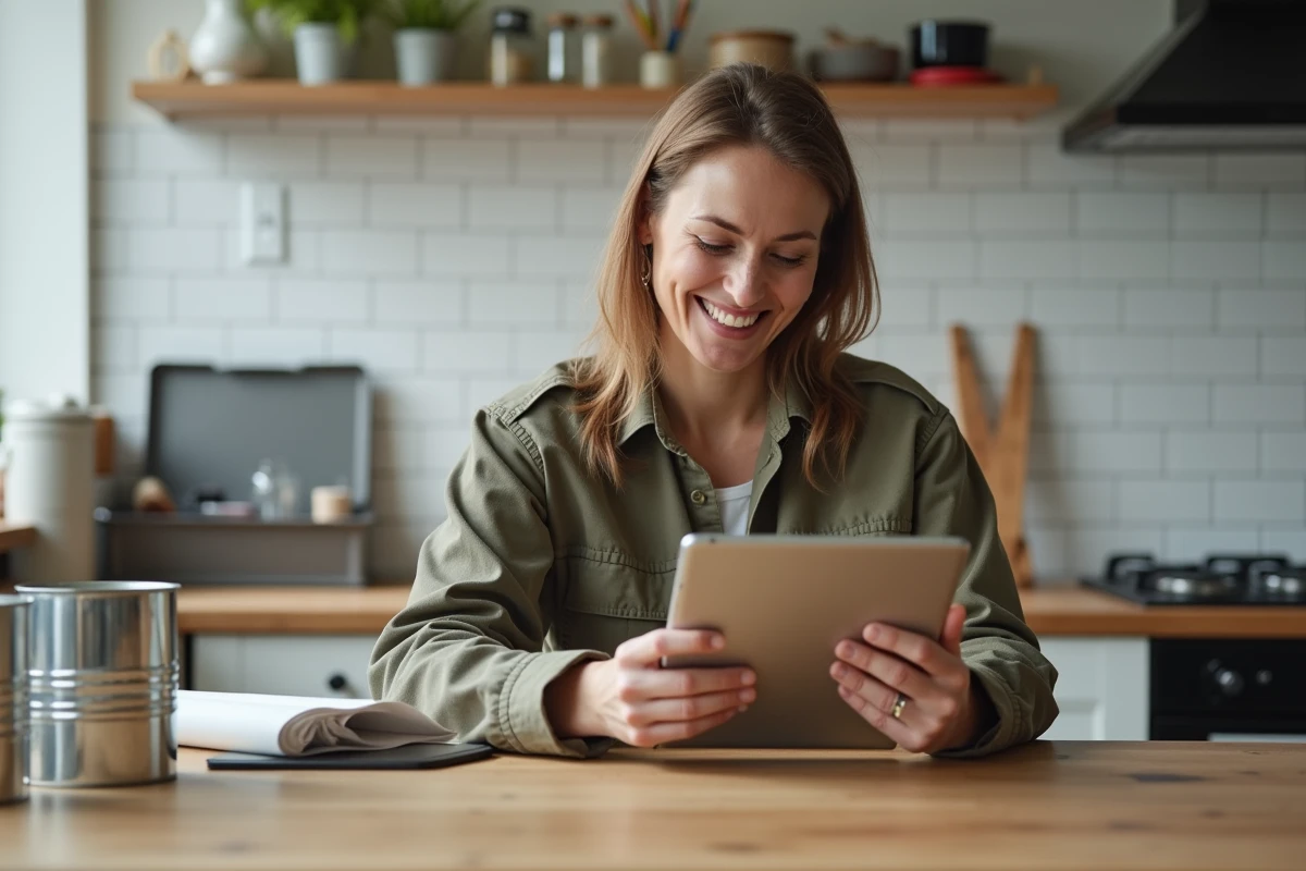 Femme souriante utilisant une tablette pour DIY dans la cuisine