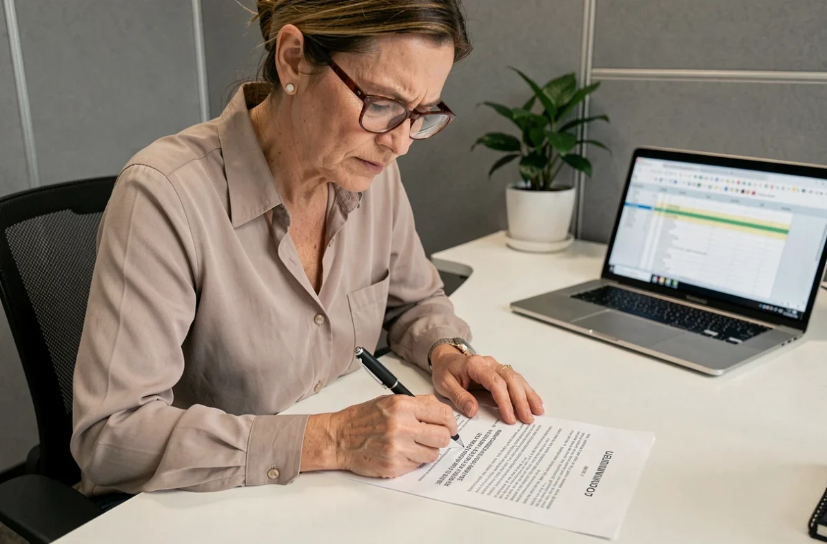 Femme annotant les mentions cachées d'un devis de formation BTP dans un bureau professionnel