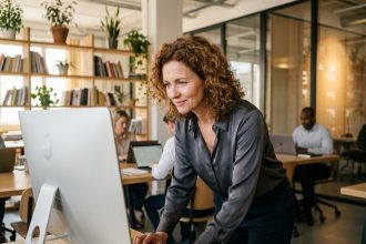Femme concentrée au bureau dans un espace coworking