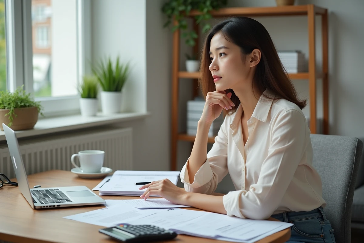 Jeune femme concentrée dans son bureau à domicile