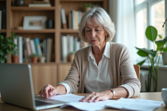 Femme d'environ 50 ans lisant des documents dans un bureau