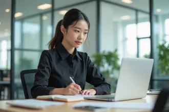 Jeune femme en bureau moderne prenant des notes lors de son travail