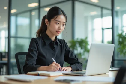 Jeune femme en bureau moderne prenant des notes lors de son travail