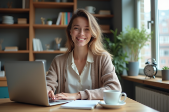 Jeune femme souriante au bureau avec ordinateur et livres