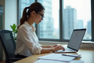 Femme en bureau utilisant un ordinateur portable