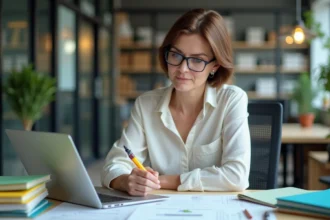 Femme d'âge moyen au bureau avec dossiers et ordinateur