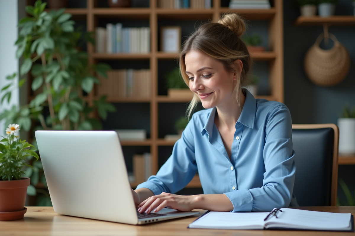 Femme professionnelle souriante dans son bureau moderne