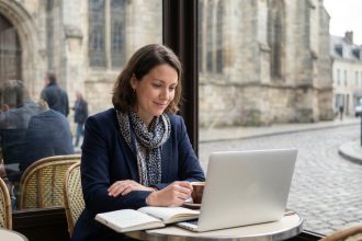 Femme en terrasse de café à Creil avec ordinateur