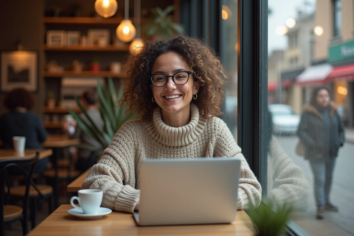 Femme détendue travaillant dans un café avec son ordinateur