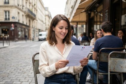 Femme souriante lisant un document dans un café parisien