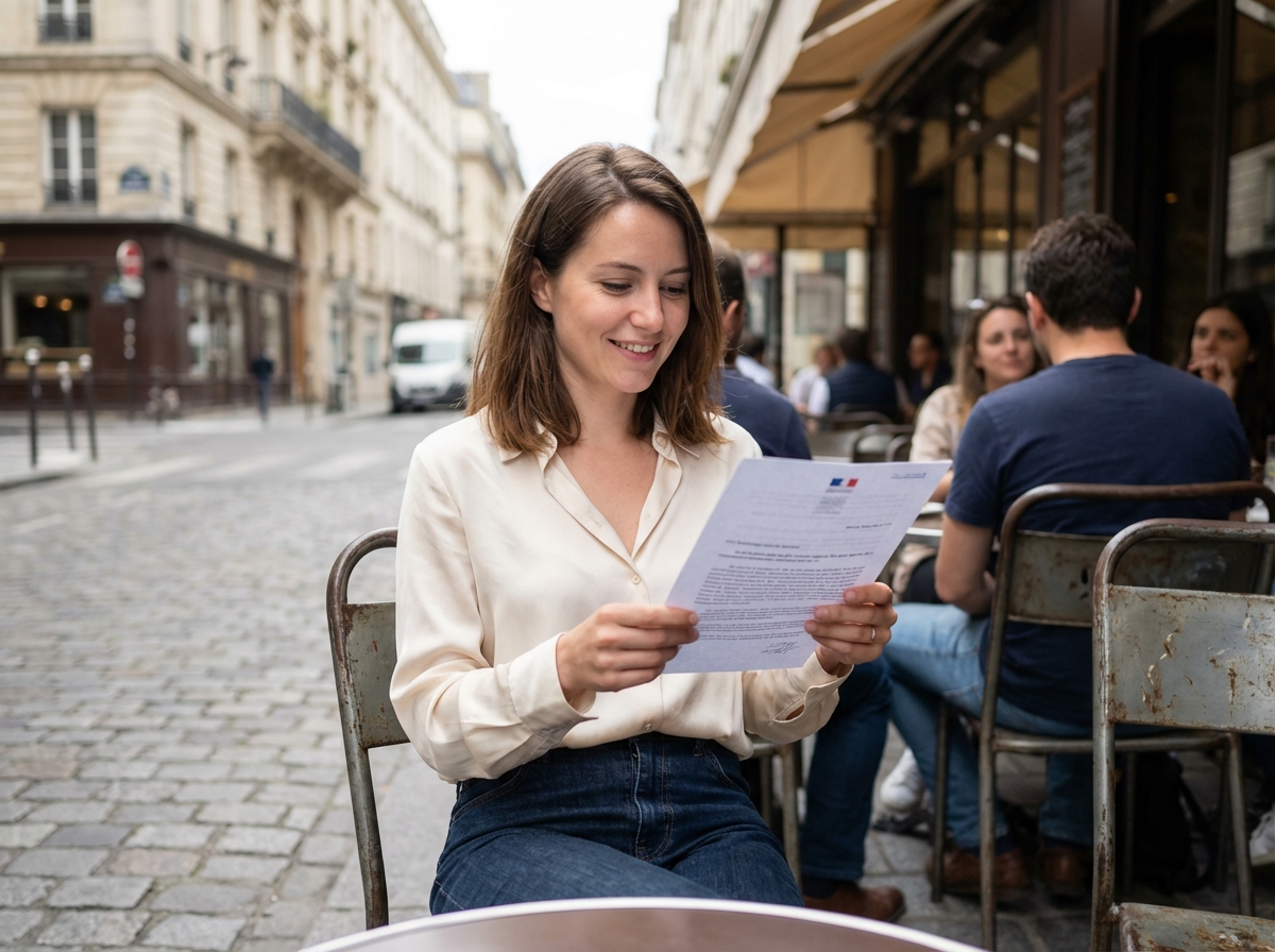 Femme souriante lisant un document dans un café parisien
