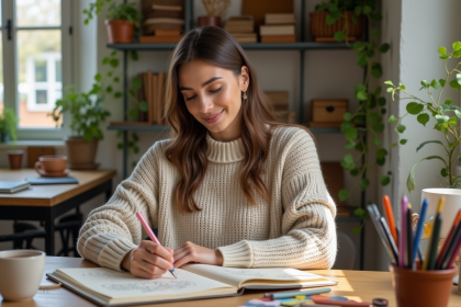 Femme créant un journal artistique dans un bureau lumineux