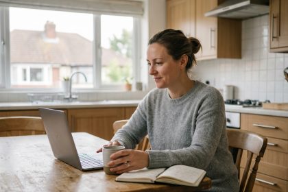 Femme concentrée sur son ordinateur dans une cuisine moderne
