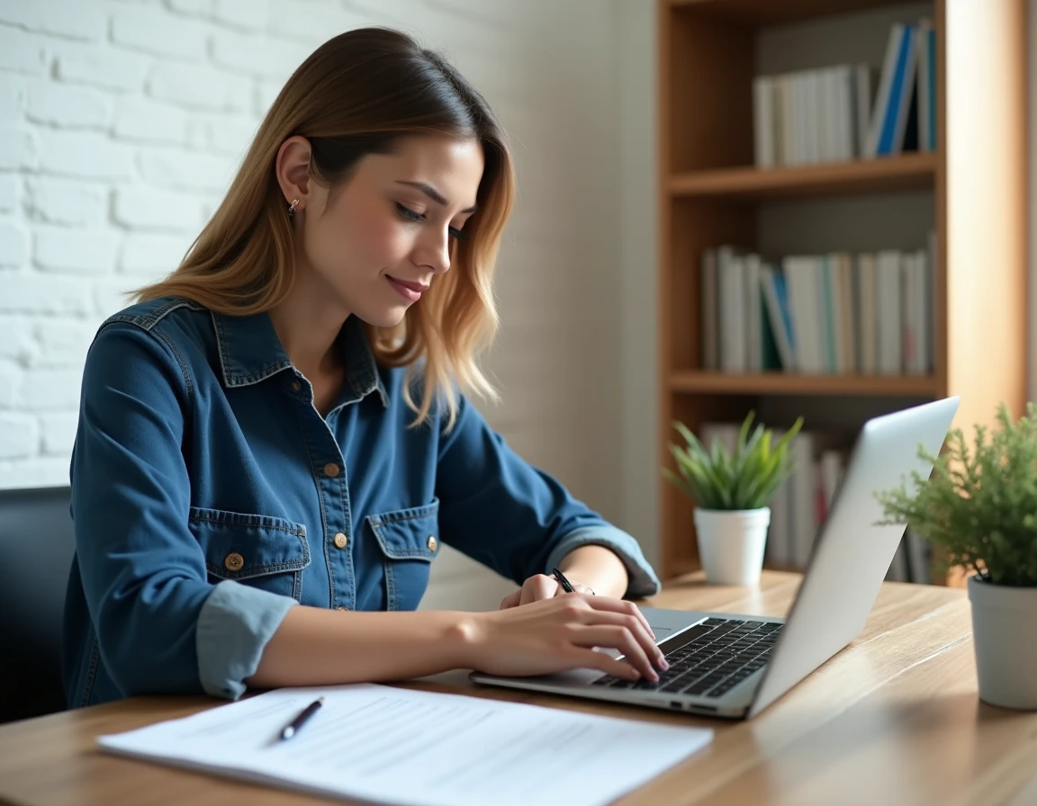 Femme ajoutant sa certification bricolage à son CV sur un bureau à domicile, avec son diplôme posé à côté de son ordinateur portable