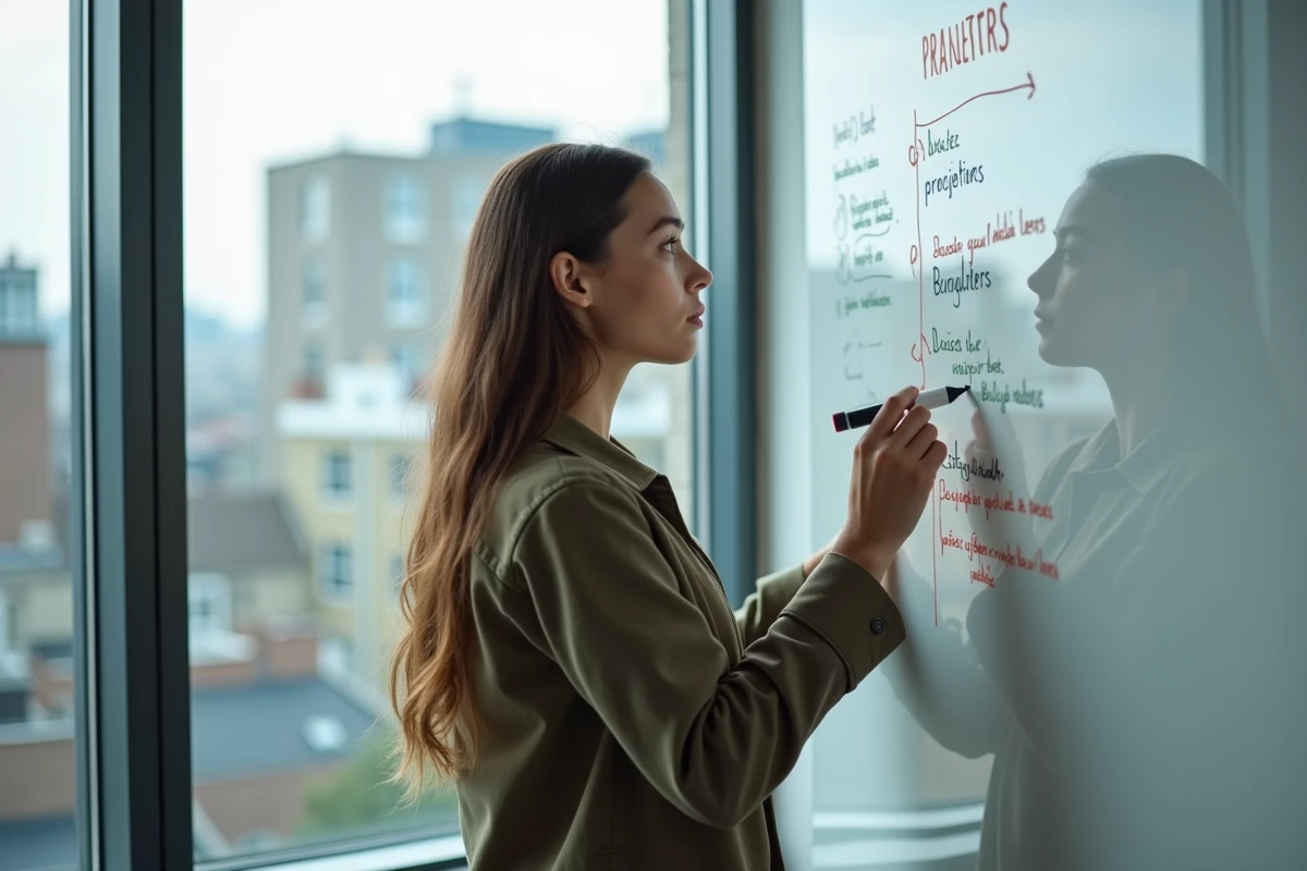 Jeune femme écrivant sur un tableau blanc