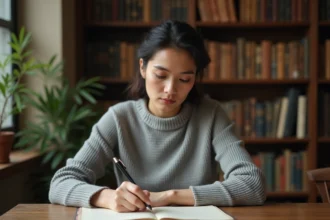 Femme écrivant un poème en sixain dans un carnet posé sur un bureau en bois, entourée de livres de poésie