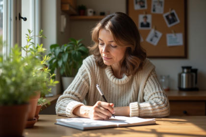Femme d'âge moyen écrivant dans un journal à la maison